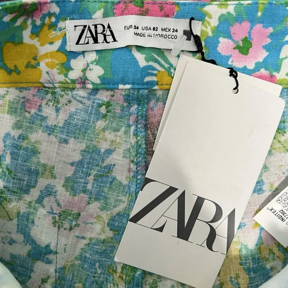 Zara Women's Size 2‎ Floral Linen Blend Mini Flare Trouser Pants Cropped NWT
